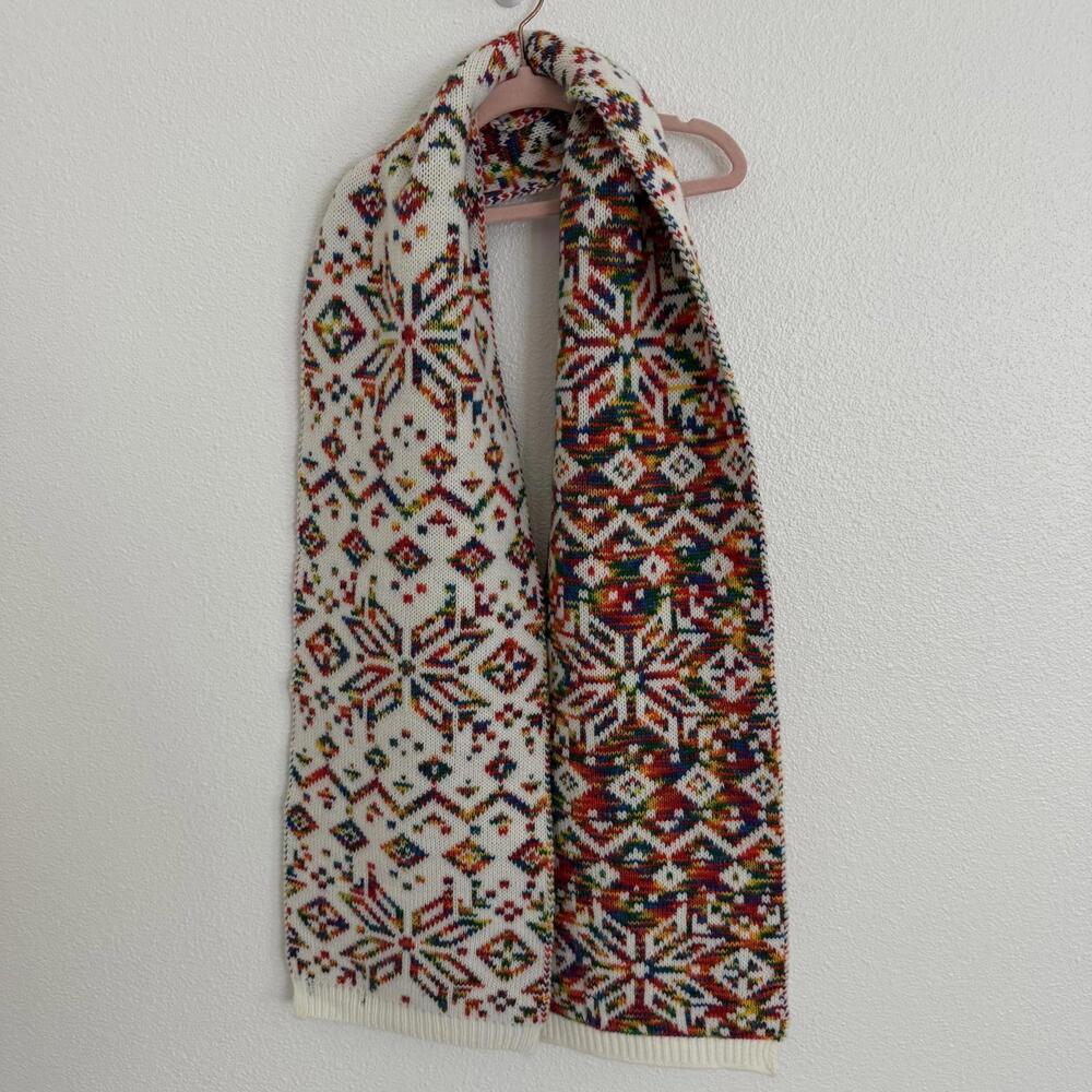 Lands End 100% Wool Rainbow Fair Isle Snowflake Scarf Apres Ski Cabin Cozy